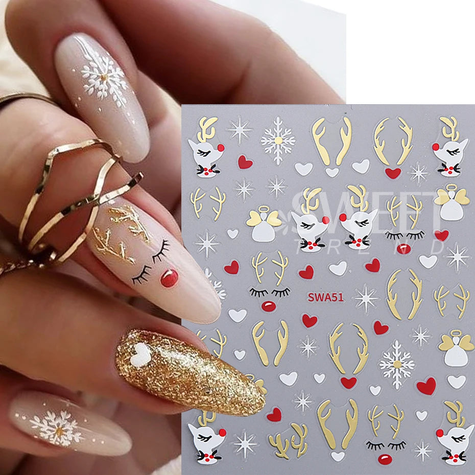 2pcs Glitter Christmas Nail Art Stickers 3D Elk Snowflake Antler Love Nail Decor DIY Self-Adhesive Slider Winter Manicure Decals