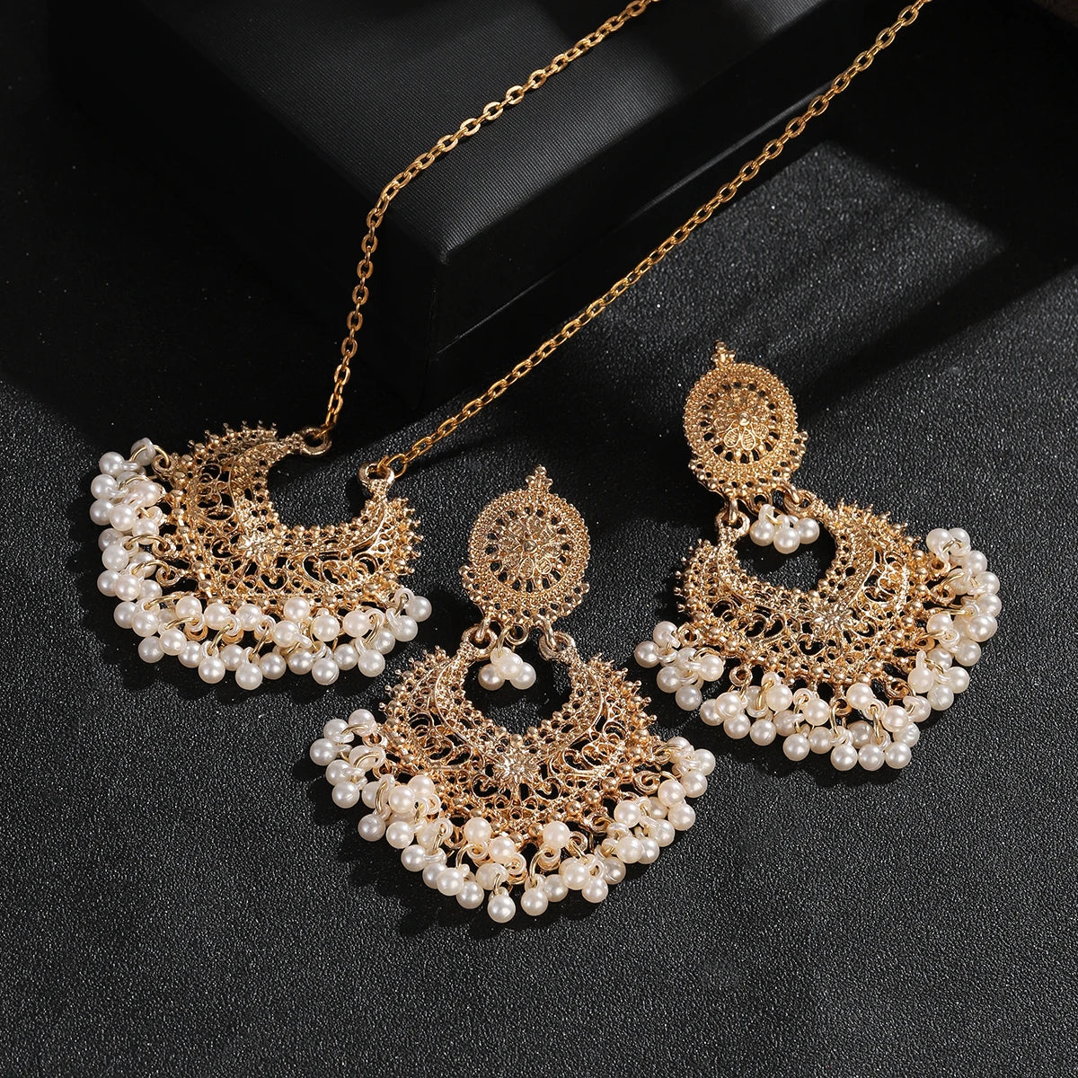 Indian Jewelry Set for Women Bijoux Retro Gold Plated Round Beads Tassel Earring Necklace Sets Ethnic Vintage Wedding Jewelry