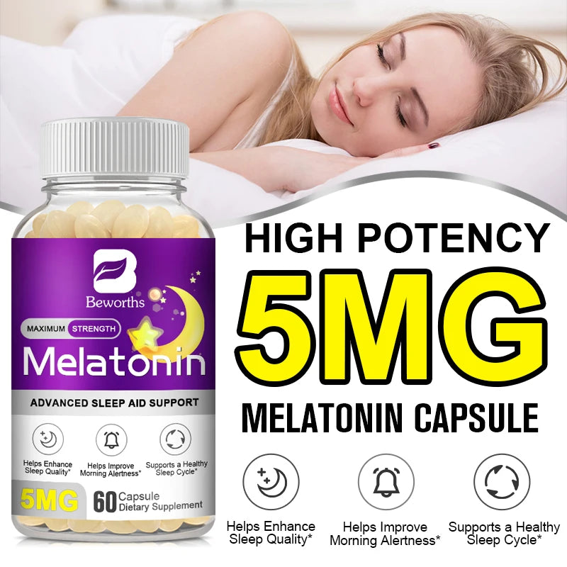 BEWORTHS Melatonin 5mg Vitamin B6 Anti Stress Tools Sleeping Pills Melatonin to Sleep Stay Asleep Longer For Adult Beauty Health