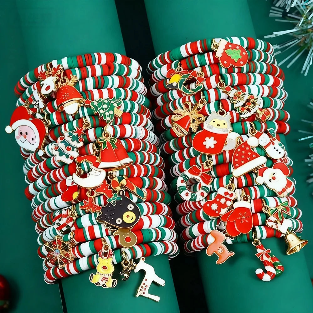 32PCS Christmas Elastic Bracelet Set, Santa Claus, Reindeer, Socks, Snowman Festival Charm Bracelet, Christmas Party Gifts
