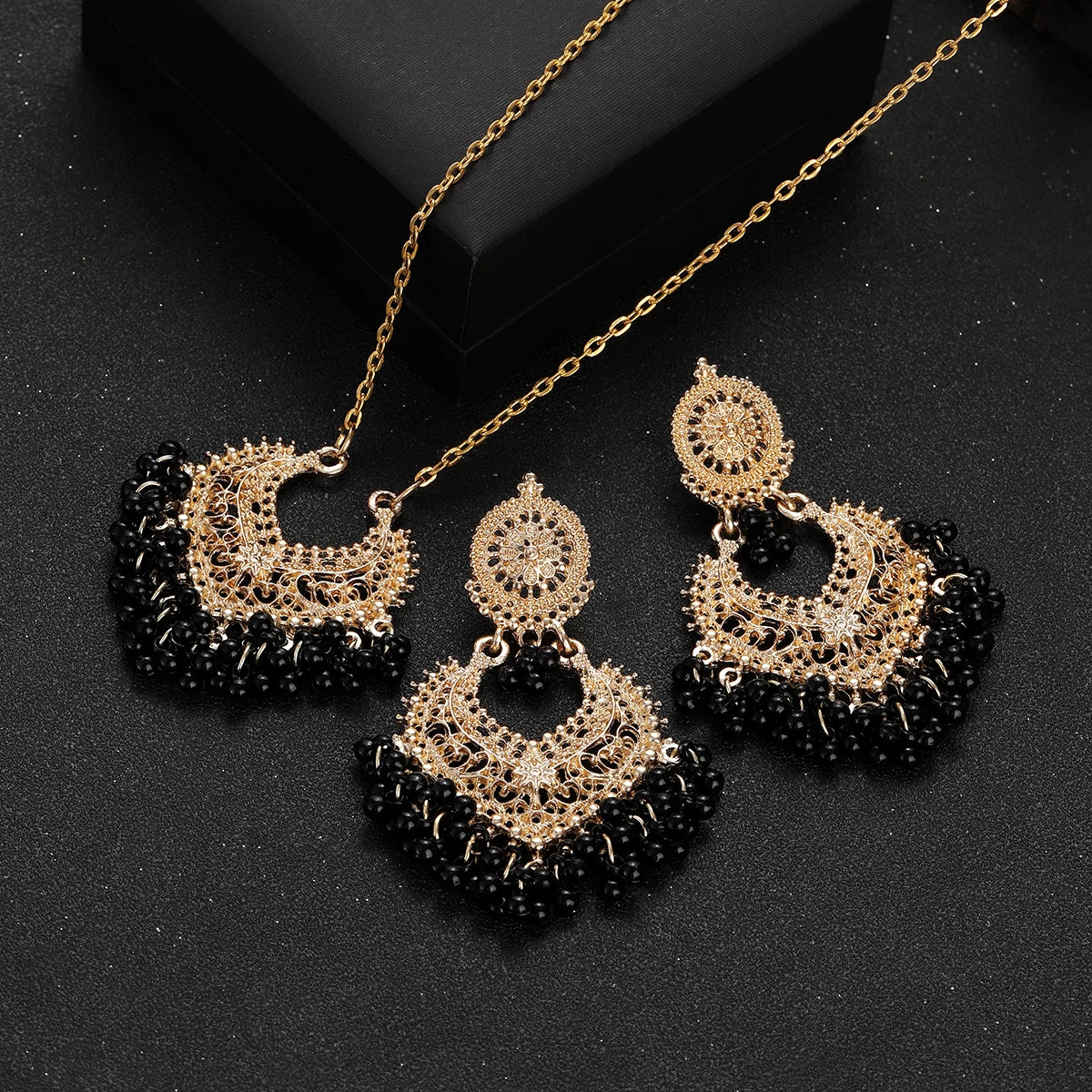 Indian Jewelry Set for Women Bijoux Retro Gold Plated Round Beads Tassel Earring Necklace Sets Ethnic Vintage Wedding Jewelry