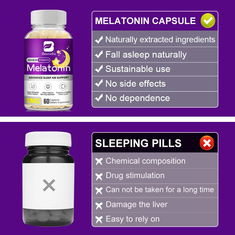 BEWORTHS Melatonin 5mg Vitamin B6 Anti Stress Tools Sleeping Pills Melatonin to Sleep Stay Asleep Longer For Adult Beauty Health