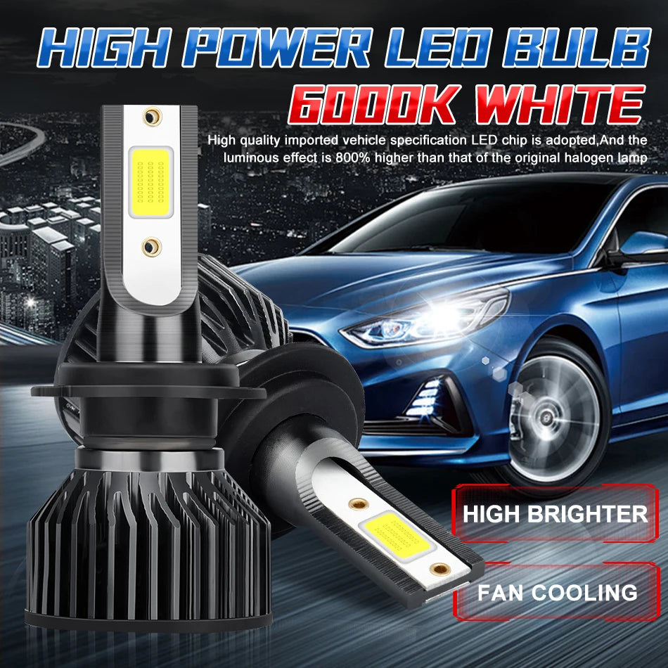 H7 LED H11 H4 Hi/Lo H1 H3 H8 HB3 HB4 HIR2 9005 9006 9012 Car Headlight Bulbs 6000K COB C37 Car Lights 50000LM 500W 12V Turbo Fan