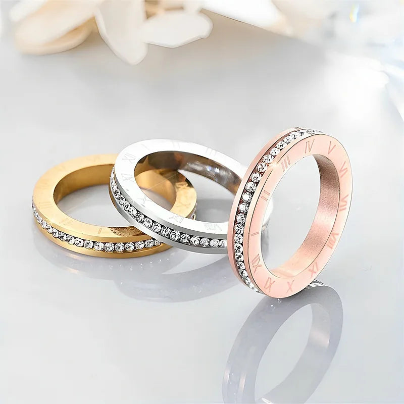 New 4MM Stainless Steel Bague Femme Trendy Cubic Zirconia Wedding Ring For Women Roman Numerals Anillos Mujer Jewelry