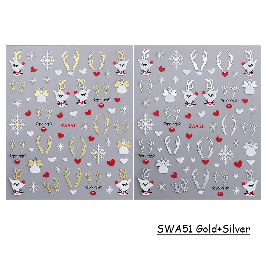 2pcs Glitter Christmas Nail Art Stickers 3D Elk Snowflake Antler Love Nail Decor DIY Self-Adhesive Slider Winter Manicure Decals