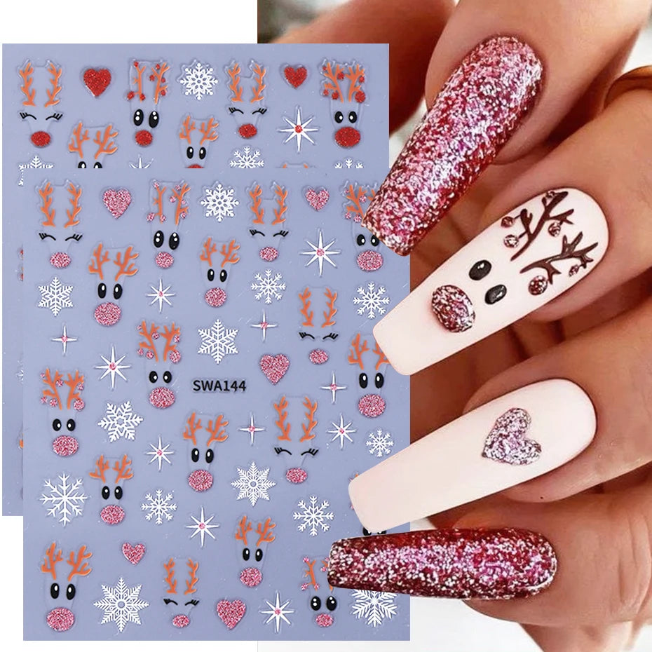 2pcs Glitter Christmas Nail Art Stickers 3D Elk Snowflake Antler Love Nail Decor DIY Self-Adhesive Slider Winter Manicure Decals
