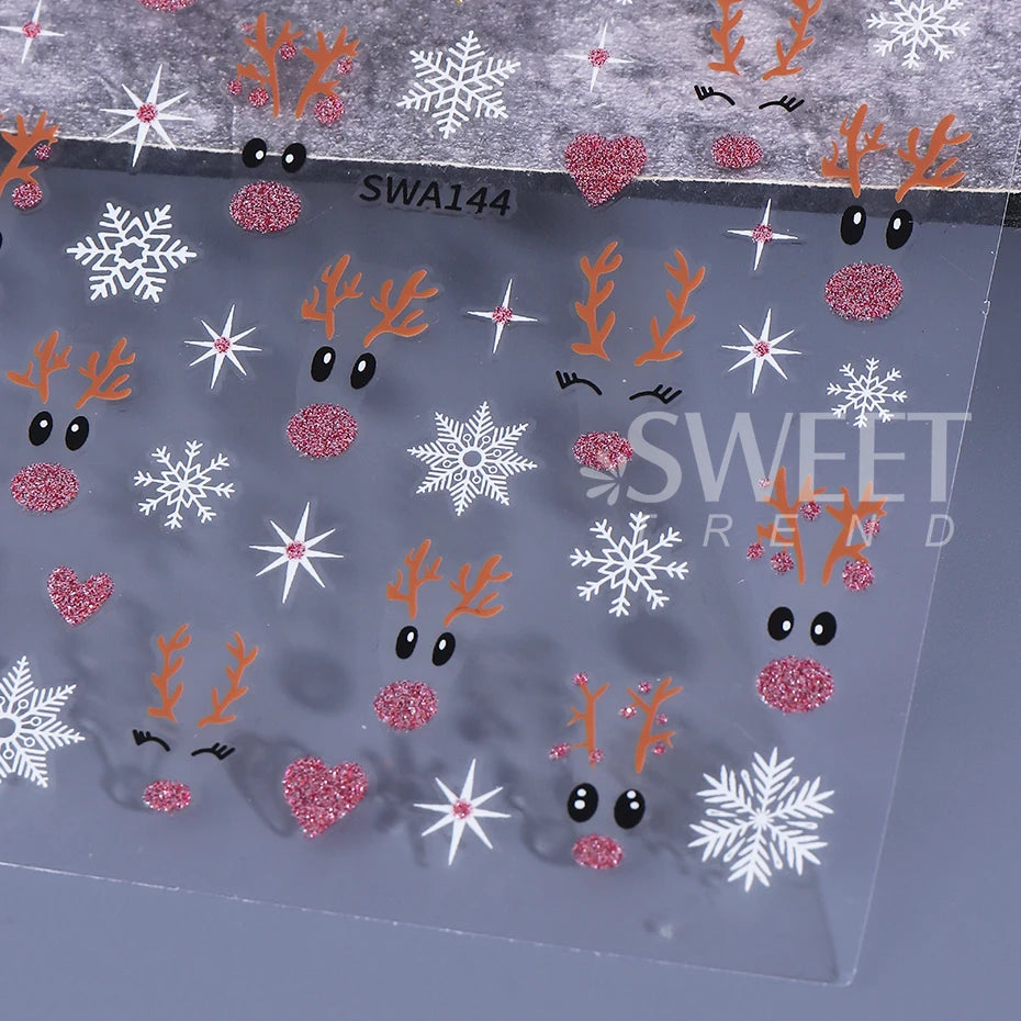 2pcs Glitter Christmas Nail Art Stickers 3D Elk Snowflake Antler Love Nail Decor DIY Self-Adhesive Slider Winter Manicure Decals