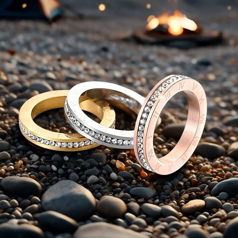 New 4MM Stainless Steel Bague Femme Trendy Cubic Zirconia Wedding Ring For Women Roman Numerals Anillos Mujer Jewelry